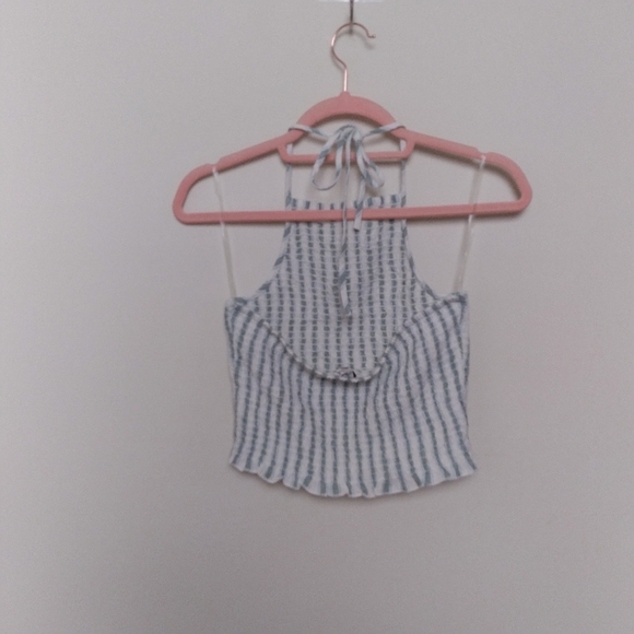 American Eagle Green and White Striped Linen Blend Halter Crop Top Size Small - Picture 3 of 8